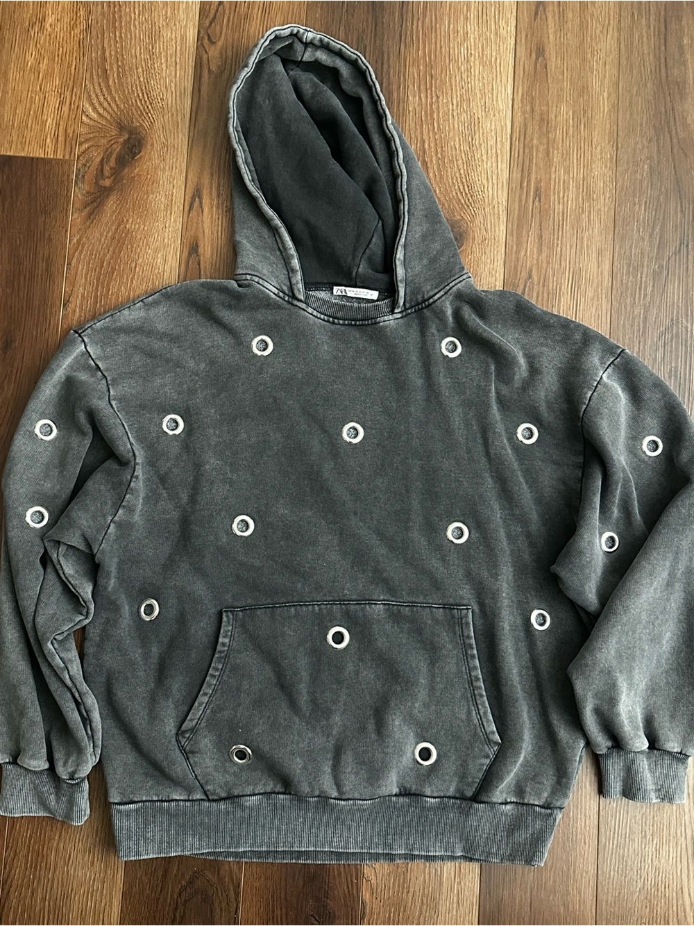 Zara Washed Charcoal Gray Hoodie with Silver Eyelets